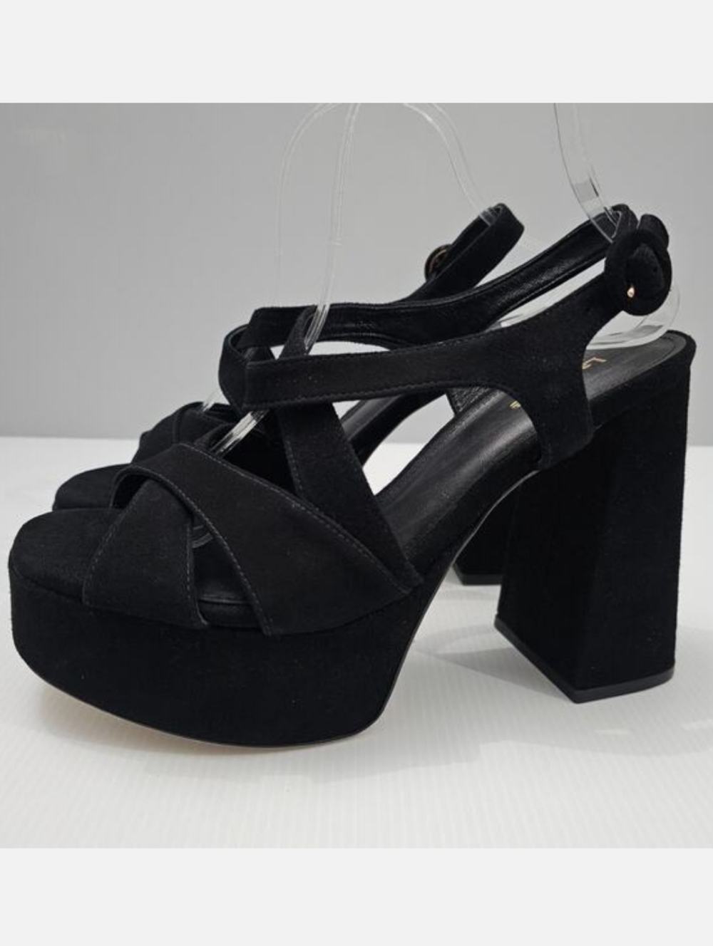 Larroude Bee Platform Block Heel Sandal 9.5 Black Suede Chunky Strappy NEW